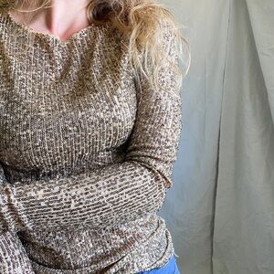 Free People Gold Rush Long Sleeve Sequin Shirt Top NEW Small